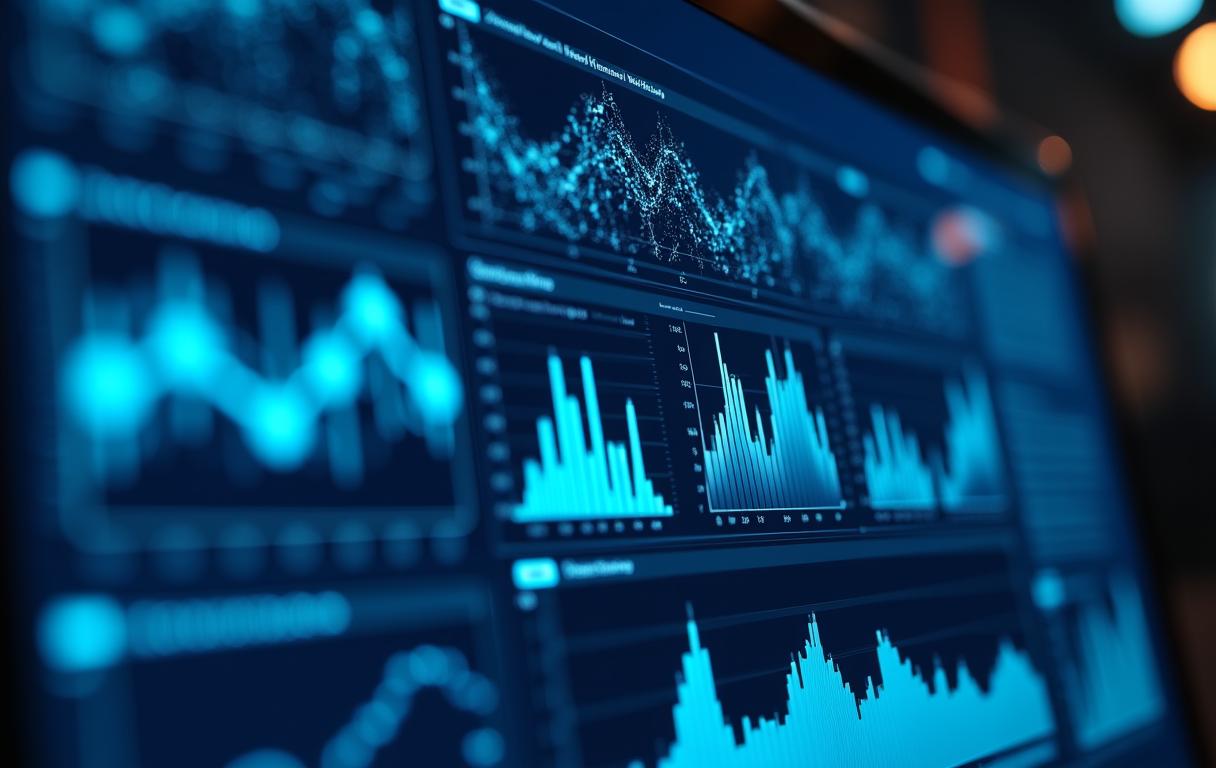 Mockup professionale di una dashboard analitica basata su AI con grafici e dati predittivi